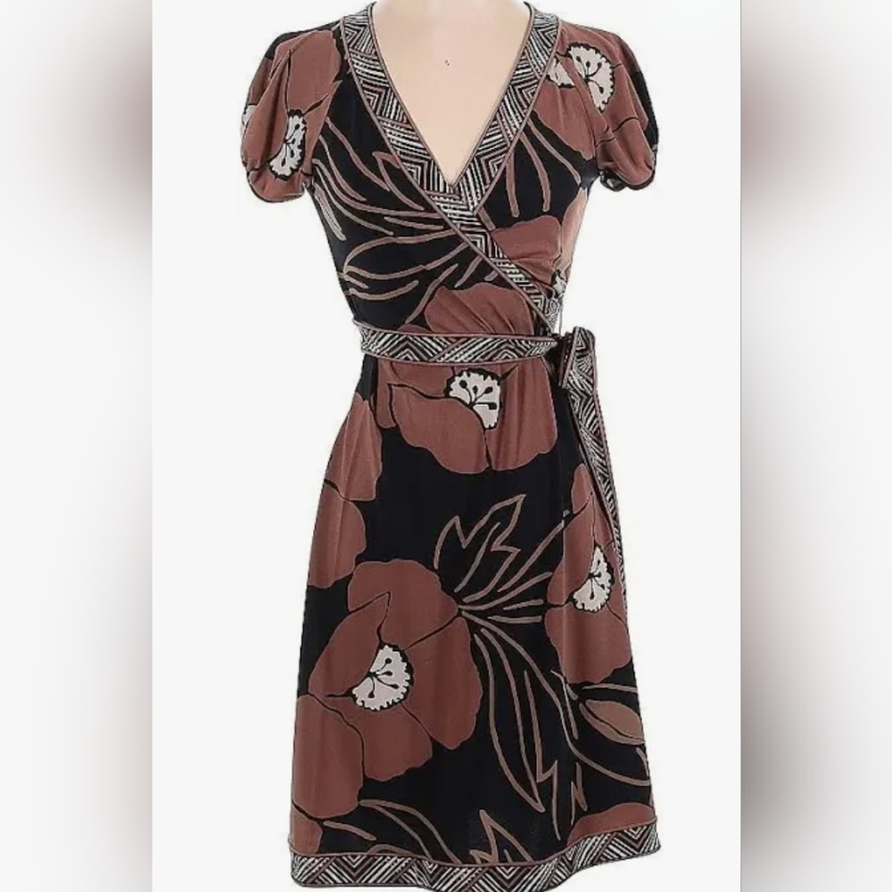 BCBG Black and Brown Floral Faux Wrap Dress
